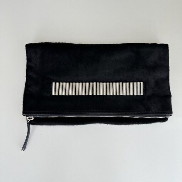 Alexander McQueen Black Leather Calf Hair Foldover Oversized Clutch